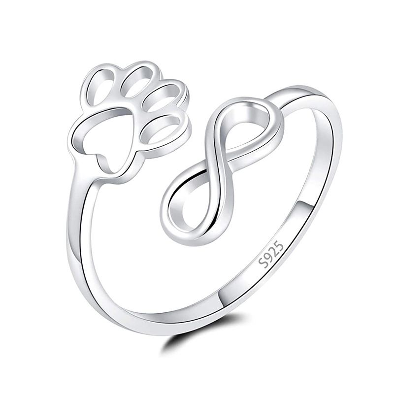 S Silver Pet Cat Paw Figure 8 Ring Infinity Symbol Footprint Adjustable Size_voghion.com