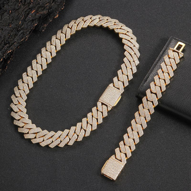 Men's Jewelry Set Fashion Men's Bracelet Flip Buckle Three Row Zircon Diamond Cuban Chain Thick Hip Hop Necklace_voghion.com