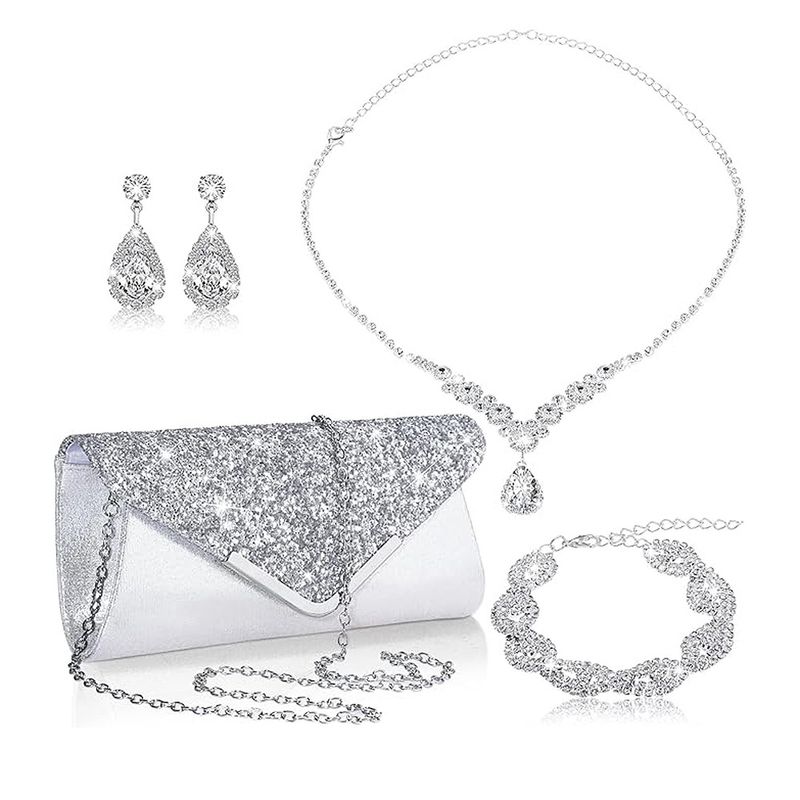 Hochwertiges Brautschmuckset, elegantes vierteiliges Set aus Halskette, Ohrringen und Armband für Cocktailpartys, Abendkleid, Dinnertasche und Clutch_voghion.com