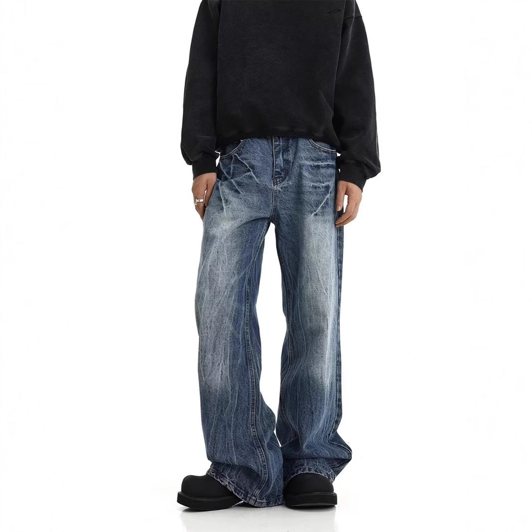 Męskie niebieskie jeansy z prostymi nogawkami i przetarciami typu bootcut – spodnie jeansowe High Street Vibe Clean Fit Stretch na co dzień_voghion.com