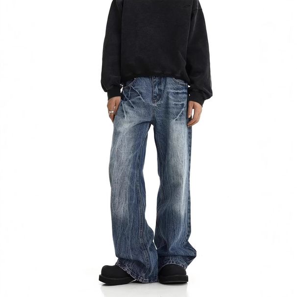 Męskie niebieskie jeansy z prostymi nogawkami i przetarciami typu bootcut – spodnie jeansowe High Street Vibe Clean Fit Stretch na co dzień_voghion.com