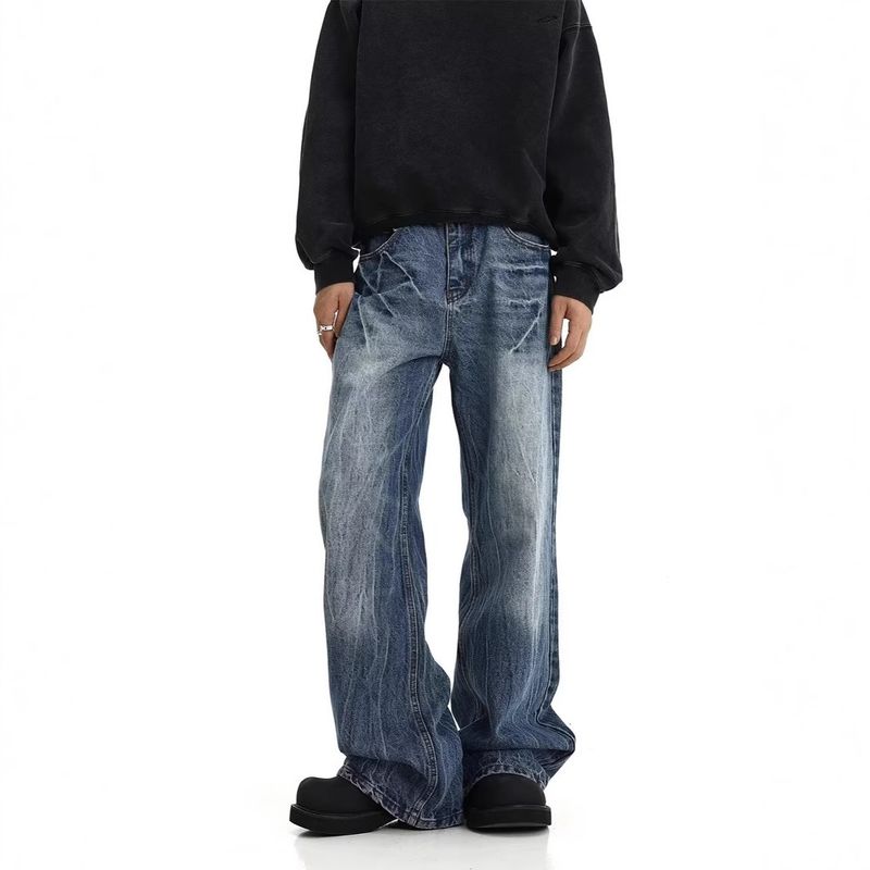 Jean bootcut droit bleu effet vieilli pour homme – Pantalon en denim stretch coupe épurée High Street Vibe pour une tenue décontractée_voghion.com