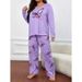 Große Damen-Pyjamas, Set mit langen Ärmeln und Hose, süßer Pullover mit lila Schmetterlingsdruck, lässige Loungewear, zweiteilig._voghion.com