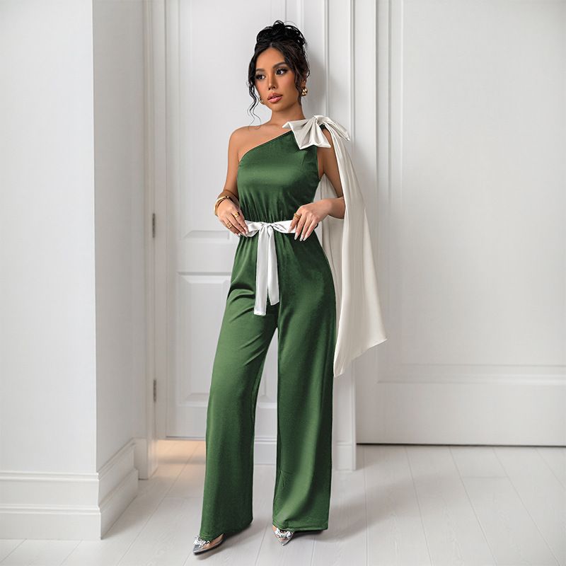 Women's Clothing Ribbon Black And White Contrast Bow Decoration One Shoulder Dress Straight Jumpsuit Trousers_voghion.com