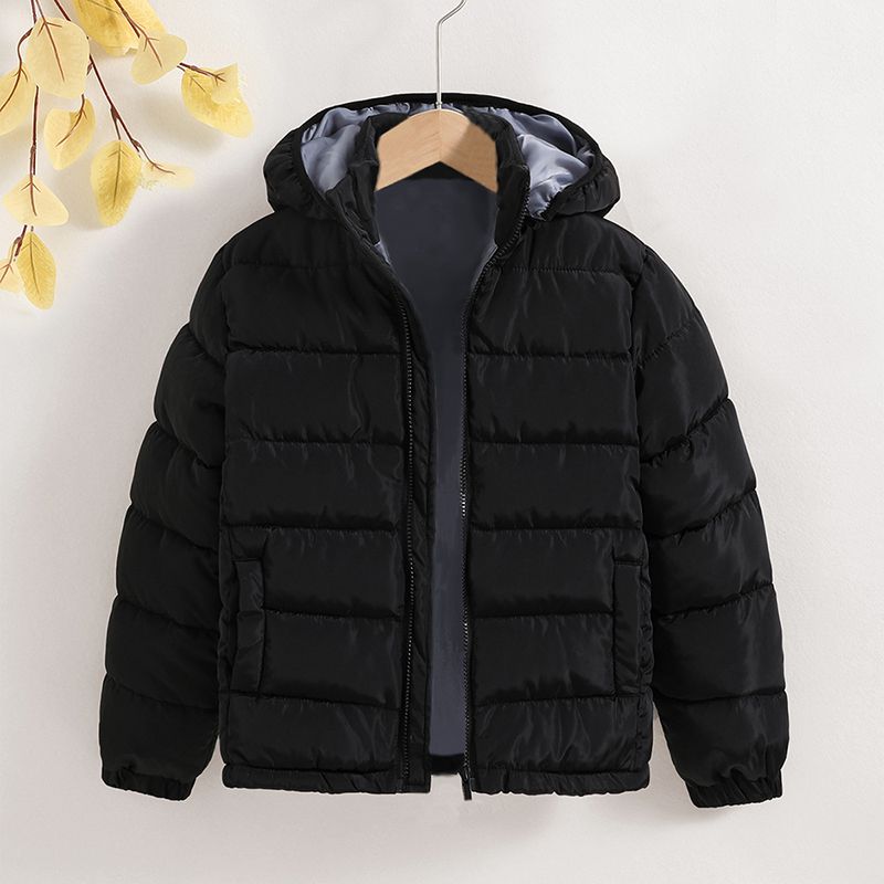 Winter New Boy 8-12 Years Black Long-Sleeved Hat Detachable Padded For Boys Simple Style Jacket In Solid Color_voghion.com