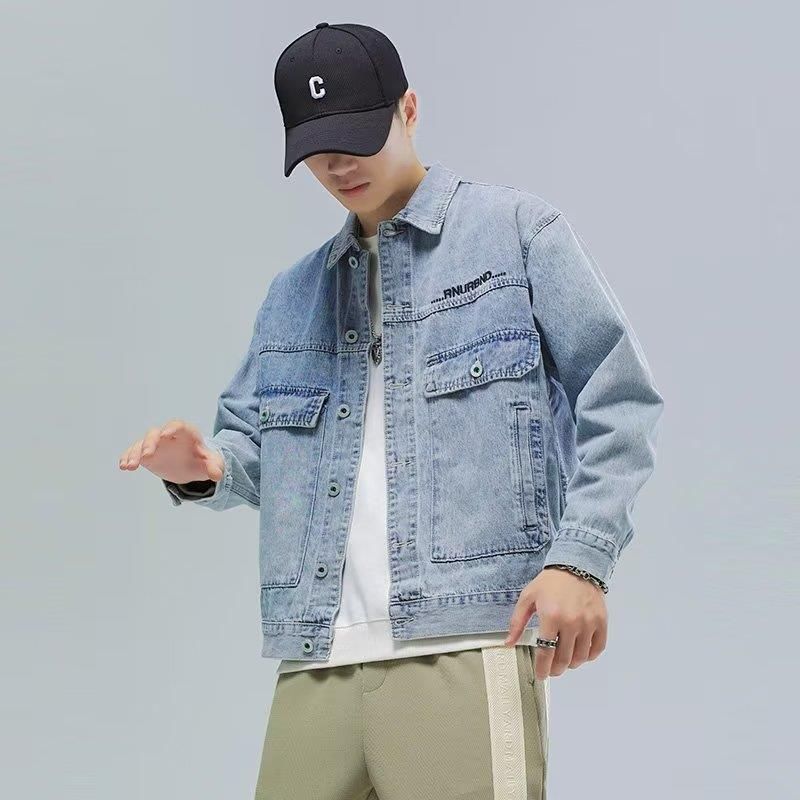 Übergroße Jeansjacke für Herren, trendiger Streetwear-Mantel, lässig, lockere Passform, Kapuzen-Workwear-Stil, Frühlings- und Herbstmode (Grau, Hellblau), Größen M bis 4XL_voghion.com
