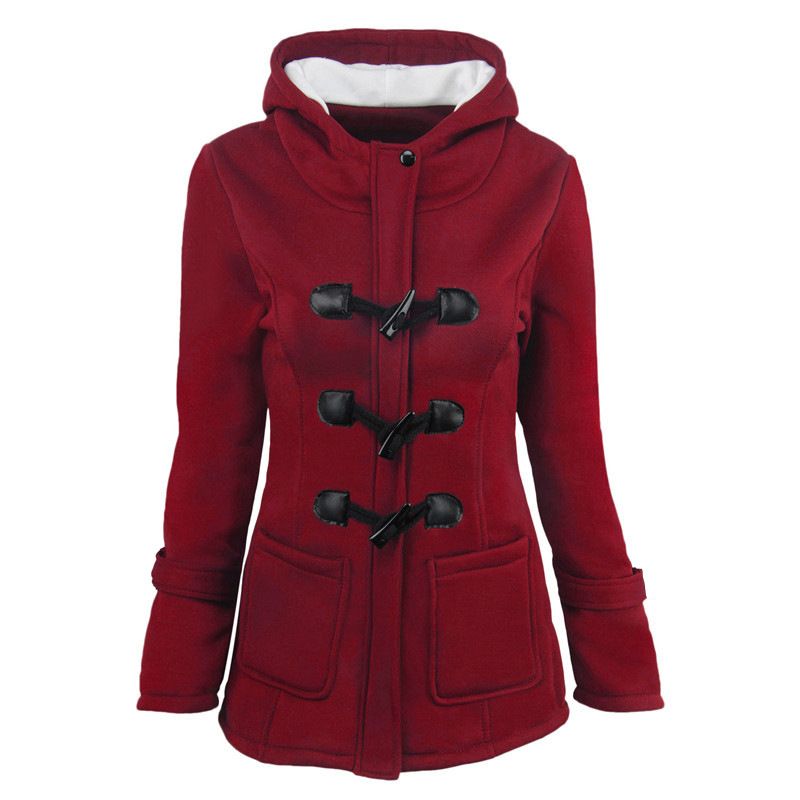 Women's Hooded Peacoat With Toggle Buttons - Thickened Mid-Length Jacket For Autumn & Winter (Black, Dark Gray, Light Gray, Burgundy)_voghion.com