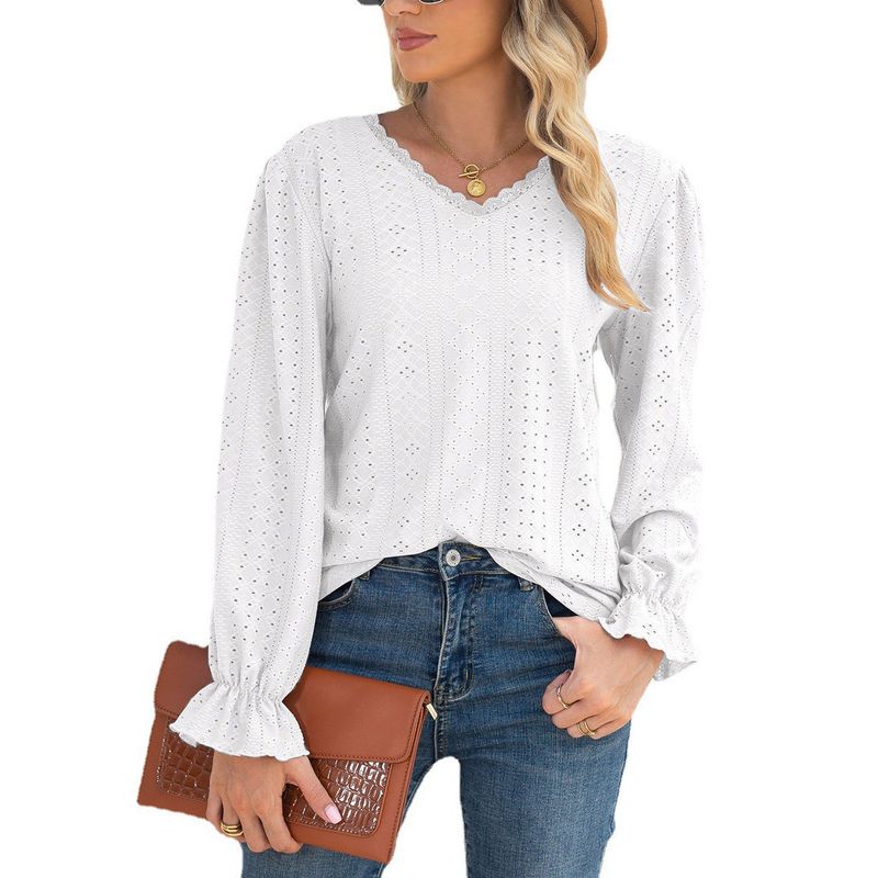 Women's Long Sleeve Hollow Lace T-shirt Splicing Loose Tops_voghion.com