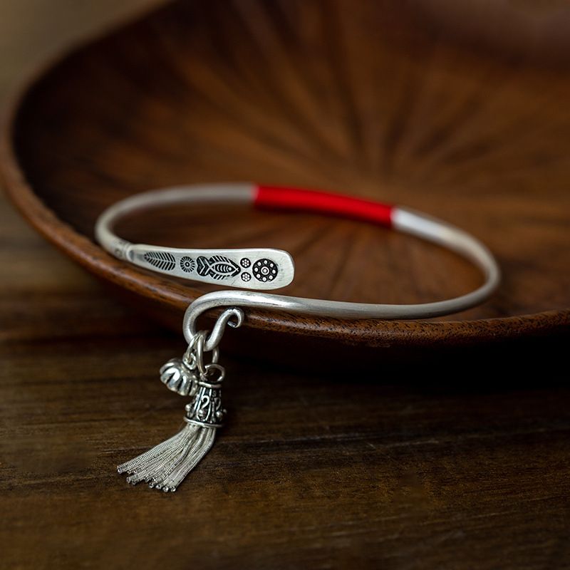 per donna, argento puro, cavigliera in stile antico con motivi intagliati, ciondolo con nappa, bracciale aperto regolabile in argento,_voghion.com