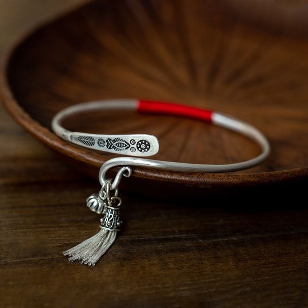 per donna, argento puro, cavigliera in stile antico con motivi intagliati, ciondolo con nappa, bracciale aperto regolabile in argento,_voghion.com