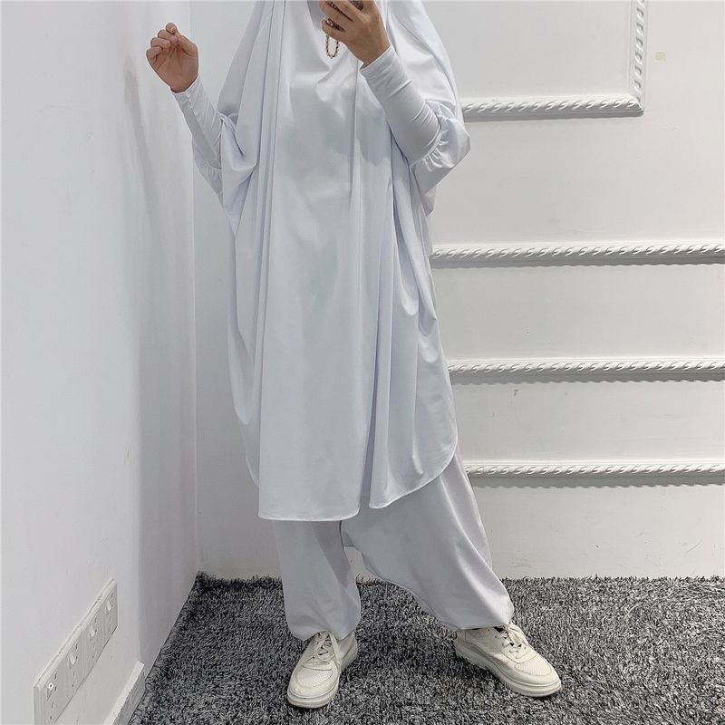 Mode musulmane grand écran couleur unie Robe haut + pantalon ensemble_voghion.com