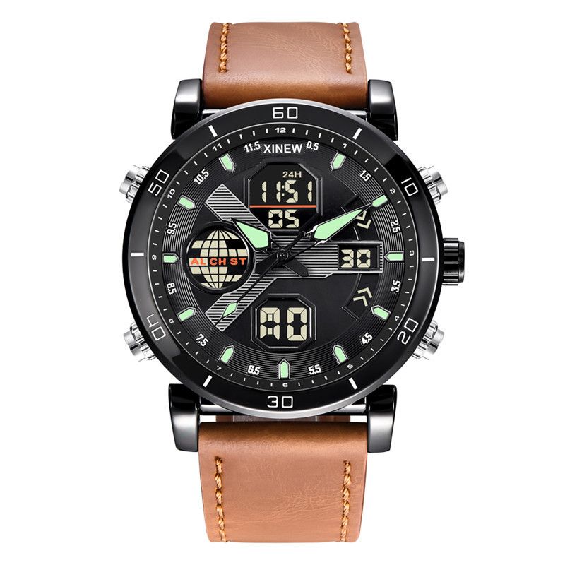 Men's Sport Watch With Analog-Digital Display, GMT Function, Date & Week Indicator, PU Leather Strap, Quartz Movement_voghion.com