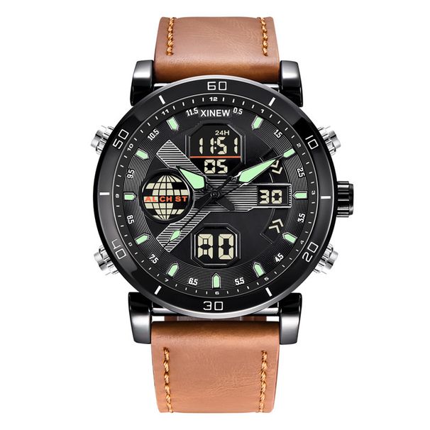Men's Sport Watch With Analog-Digital Display, GMT Function, Date & Week Indicator, PU Leather Strap, Quartz Movement_voghion.com