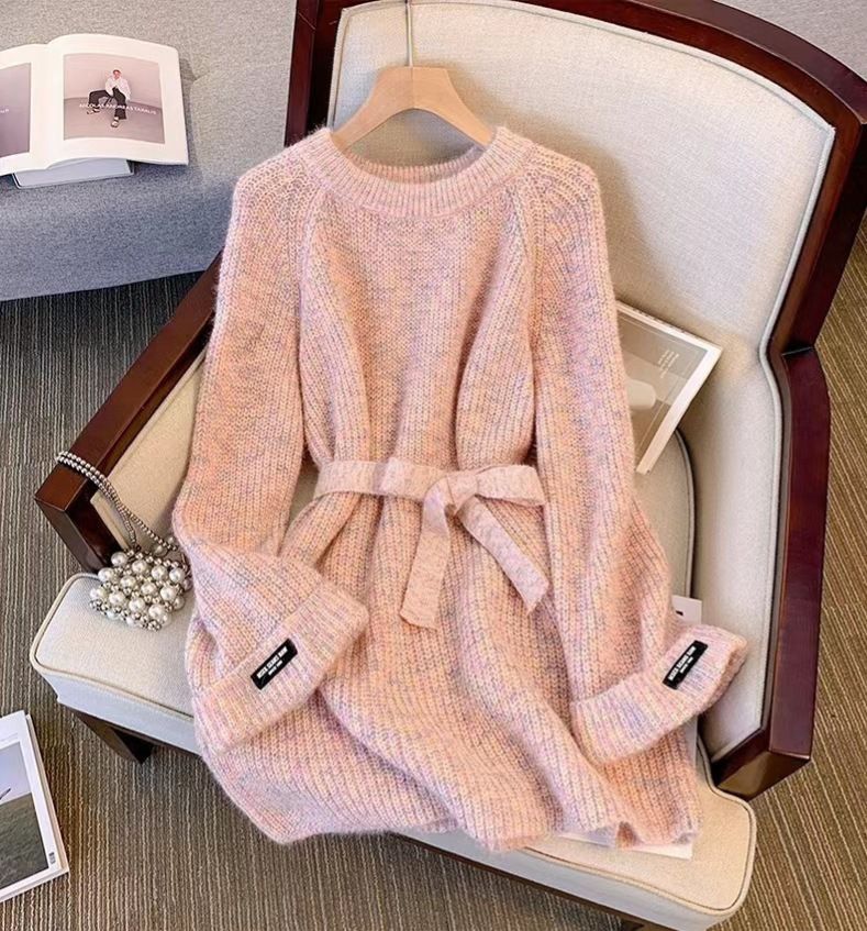 Korean Style Oversized Round Neck Knit Sweater Women's Autumn Loose Fit Longline Waist-Tie Pullover_voghion.com