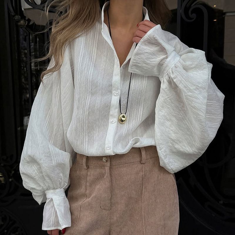 Damenbekleidung Sommer Neue Mode Revers Lose Einfaches Design Langarmshirt Top_voghion.com
