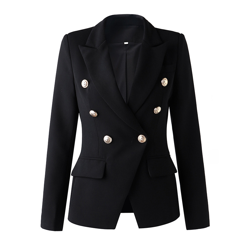 Temperament Commuting Suit Double-breasted Suit Collar Black Solid Color Slim Fit Jacket_voghion.com