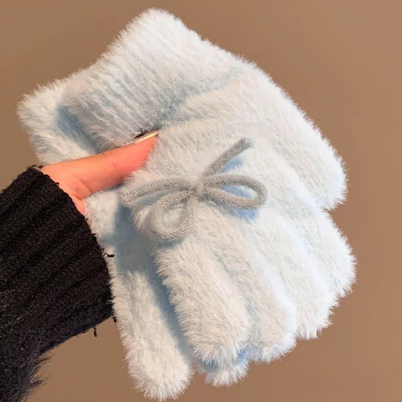 Women's Plush Knitted Gloves Winter Cute Bow Thickened Split Finger Anti-freezing Students Riding Warm_voghion.com