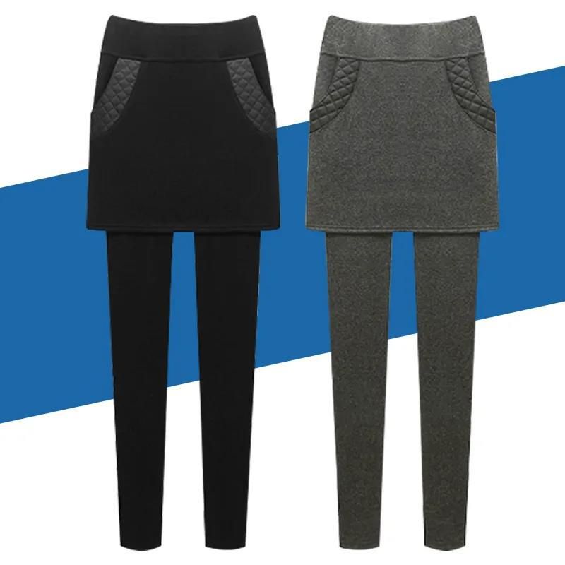 Ženska oblačila Jesenske in zimske nove dvodelne hlače z zavitim bokom, krilo, velika velikost, 200 funtov, visok pas, hlače z dnom, ozke tople hlače_voghion.com