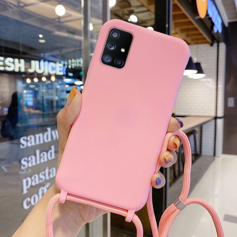 Solid Color Lanyard Strap Cord Rope Phone Case For Samsung A52 A72 A32 A12 5G A51 A71 A41 M60S M80S A81 A91 Soft Silicon_voghion.com