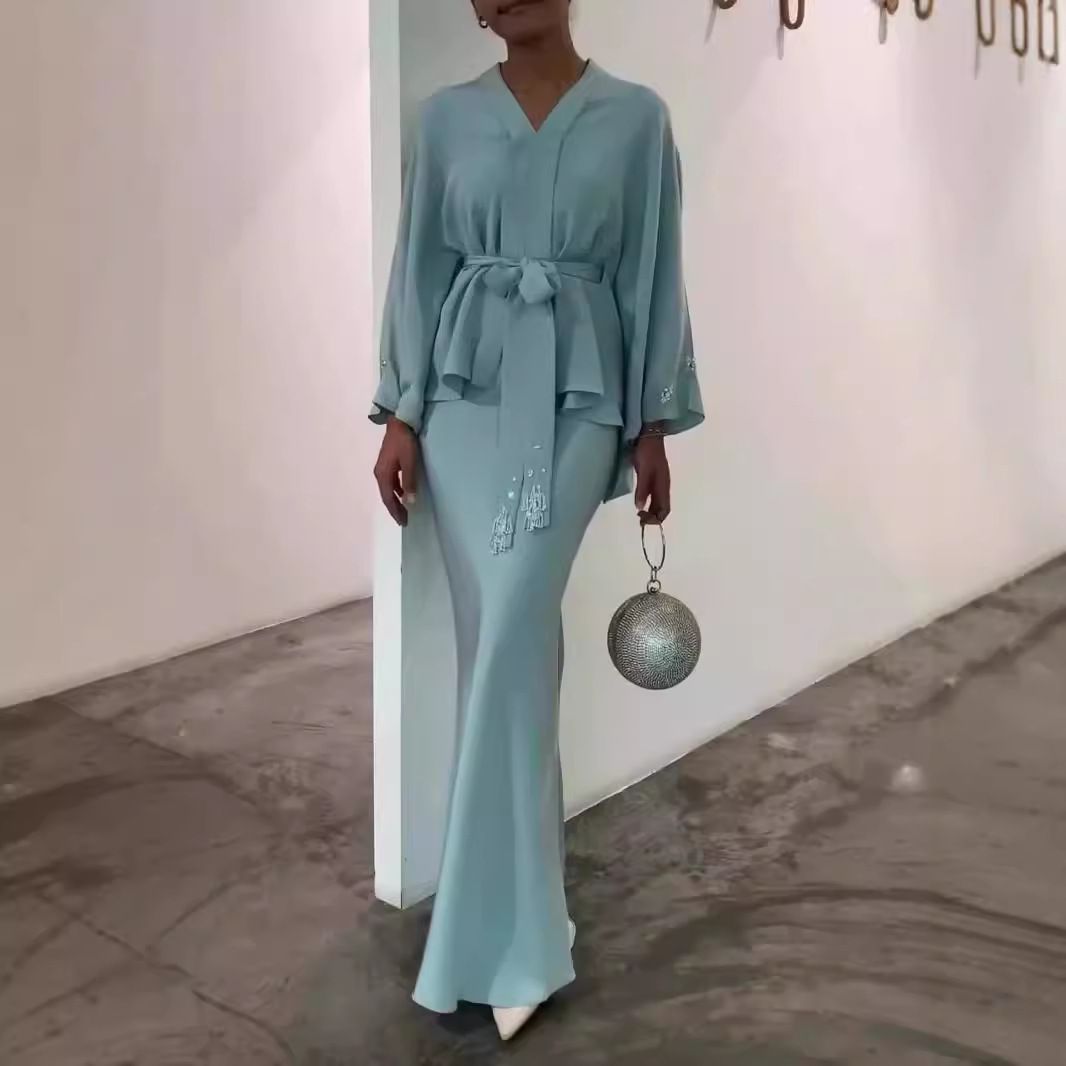 Primăvara și toamna vânzare fierbinte culoare solidă temperament dantelă până talie top temperament coadă de pește fustă costum femei_voghion.com