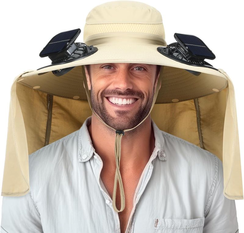 Sombrero de ala ancha Chuarry con 2 ventiladores, para pesca al aire libre, con energía solar, carga USB y solapa para el cuello, para hombres y mujeres._voghion.com