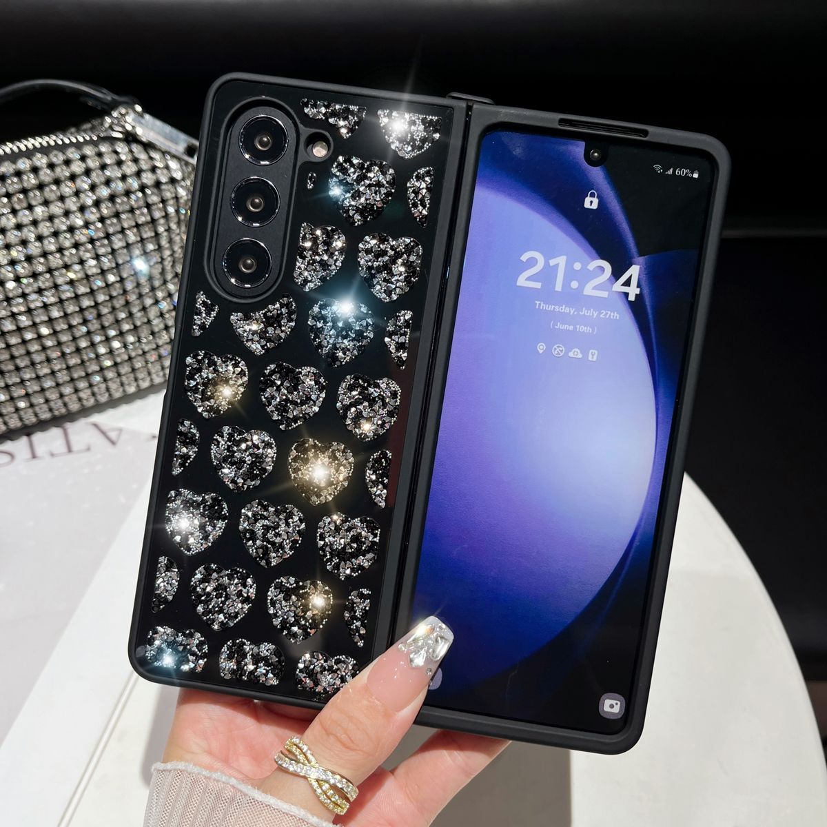 For Samsung Galaxy W22 W23 W24 Z Fold 3 4 5 Luxury Diamond Heart Strap Chain Phone Case Cover_voghion.com