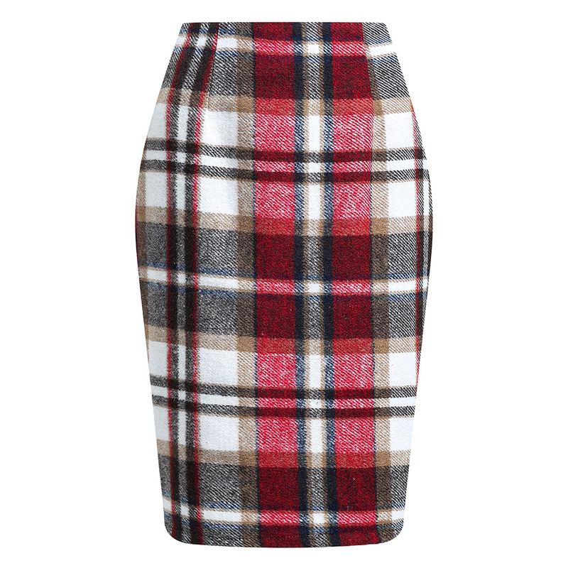 Kvinders pencil nederdel plaid nederdel Efterår vinter højtaljet stram knælang uld MIDI nederdel_voghion.com