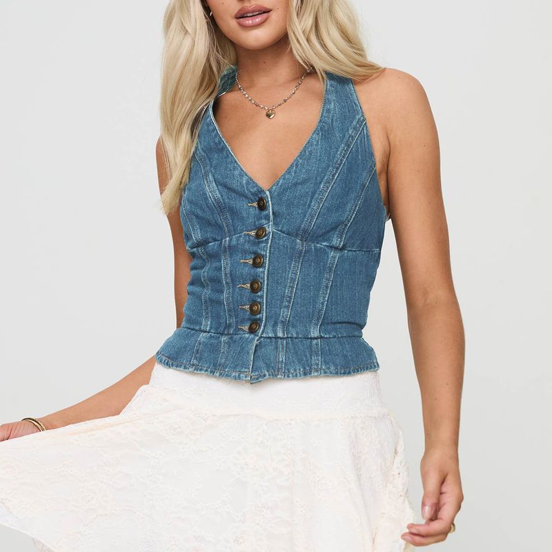 Women's Clothing Backless Denim Vest Top New V Neck Sexy Hot Girl Lace Up Button Vest_voghion.com