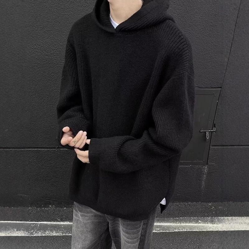 Street Versatile Simple Solid Color Hooded Knitted Sweater for Men's Autumn and Winter New Style Lazy and Handsome Top Sweater_voghion.com