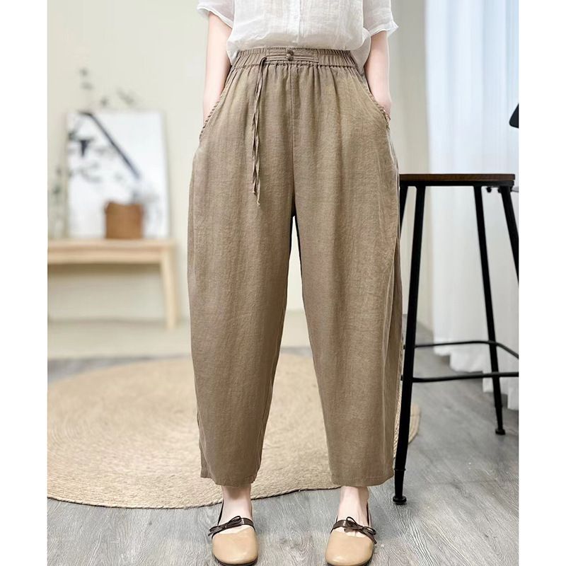 Geeignet für alle Jahreszeiten 2025 Sommer Neue elastische Taille Lose Abnehmen Harem Künstlerische Patchwork Einfarbig Leinen Casual Hosen für Frauen_voghion.com