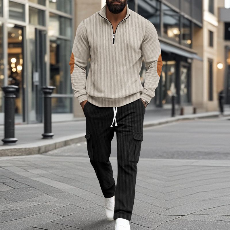 Herrenbekleidung Herren Herbst und Winter neuer zweiteiliger Anzug Herren halber Reißverschluss Cord lässige Freizeithose Herrenanzug_voghion.com