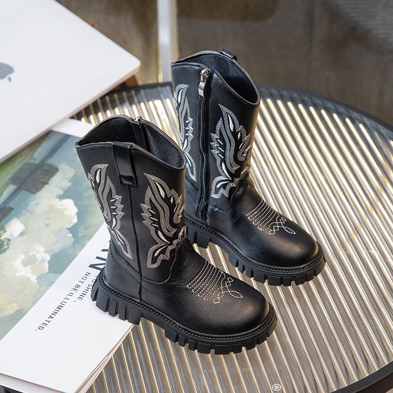 Children's Martin 2025 New Brown Embroidered Denim Girls Soft Sole Mid-Calf Boots_voghion.com