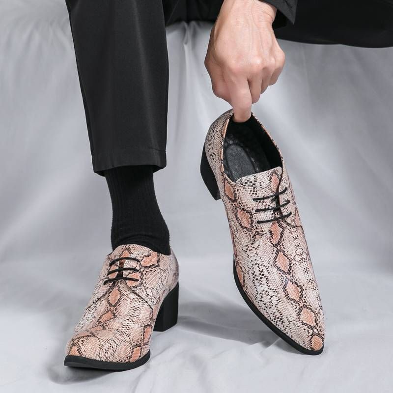 Fashionable Snake Pattern Heel Pointed Silver Business Leather Shoes For Men Casual Men's Shoes Nightclub Fashion Show Trend European And America_voghion.com