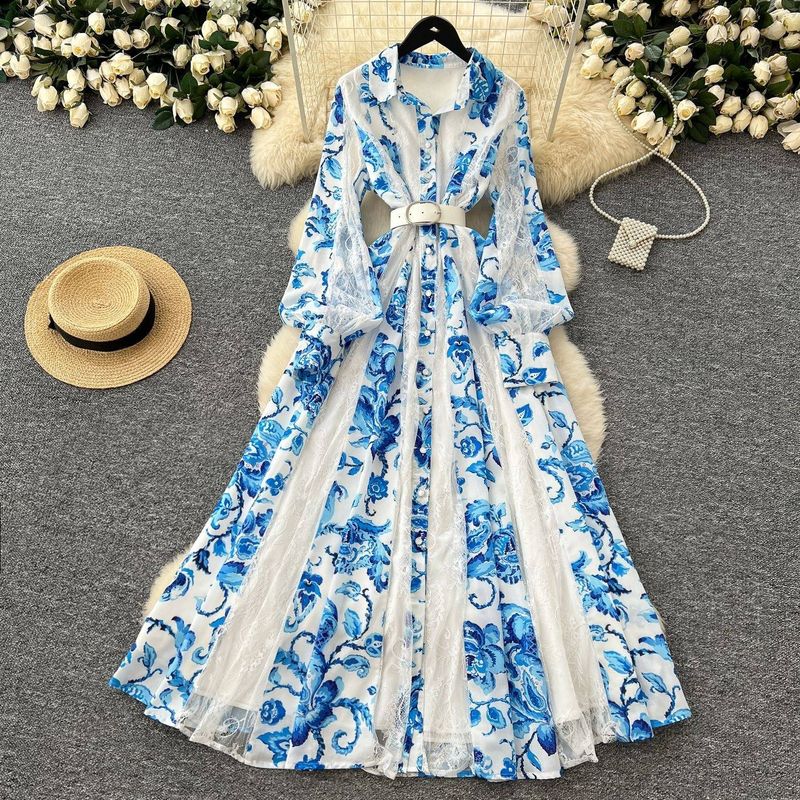 Odzież damska Nowa moda Elegancka retro klapa Długi rękaw Talia Koronka Szycie Druk Długa spódnica_voghion.com