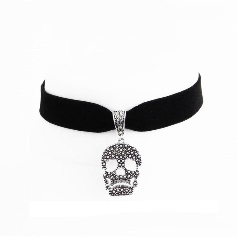 Necklaces Silver Skull Charm Pendant Black Velvet Choker_voghion.com
