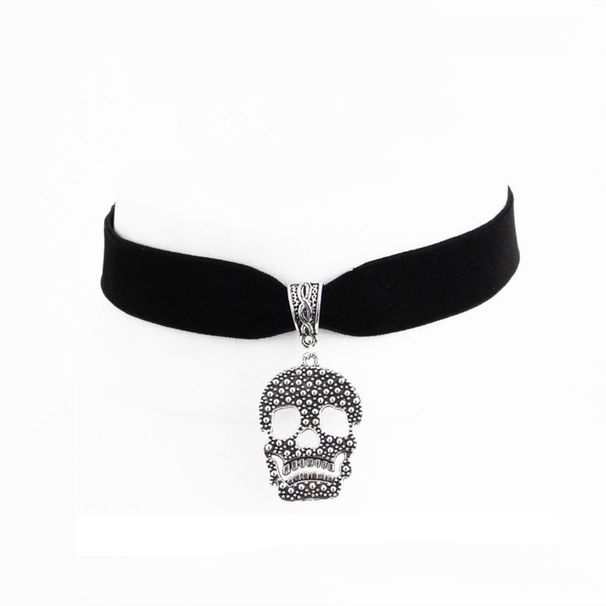 Necklaces Silver Skull Charm Pendant Black Velvet Choker_voghion.com