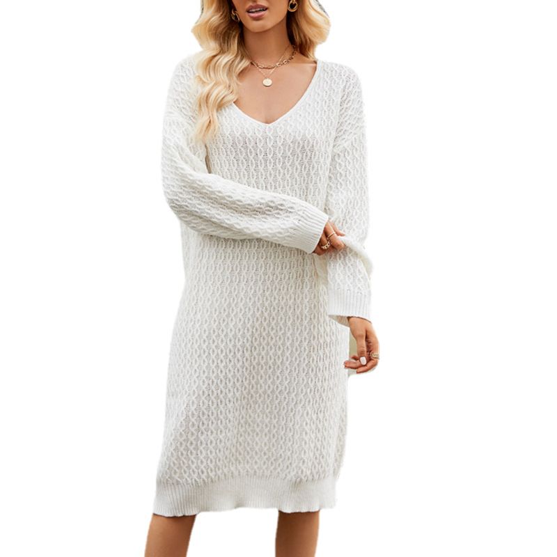 Autumn and winter solid color loose long sweater lazy style knitted bottoming pullover sweater dress dress_voghion.com