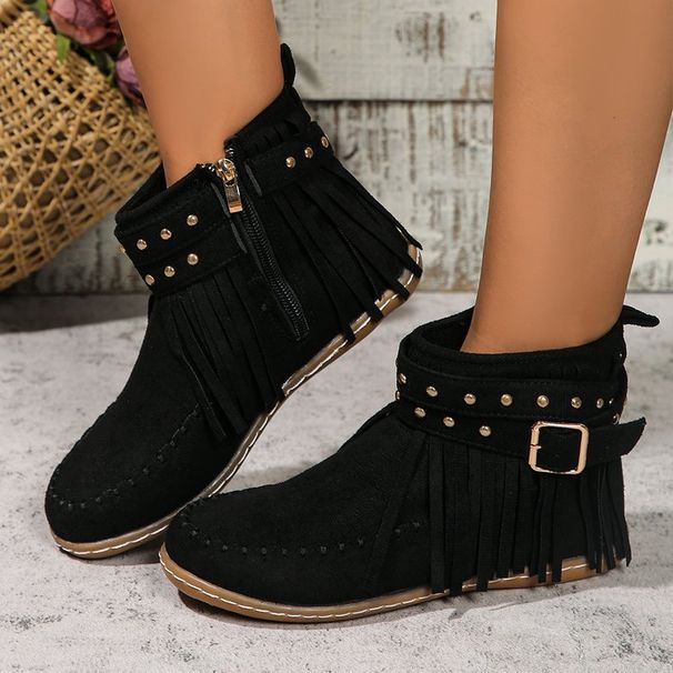 Large Size Rivet Fringe Metal Buckle Short Boots Autumn And Winter New Flat Warm Women's Boots_voghion.com