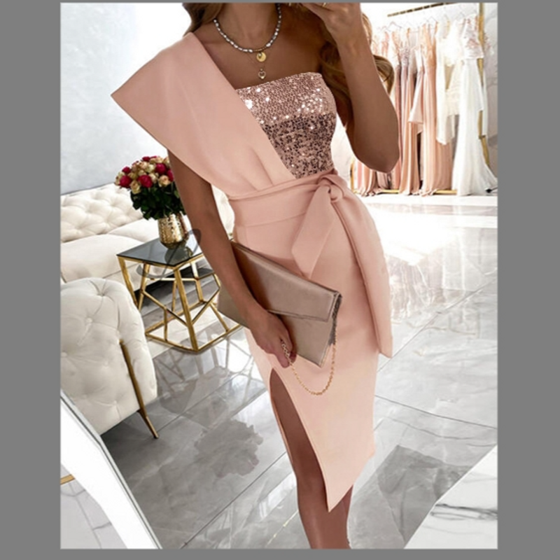 Rosafarbenes One-Shoulder-Design-Pailletten-Patchwork-Kleid mit schmalem Schlitz und Gürtel für Damen_voghion.com