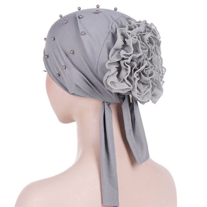 new back plate flower beading solid color large flower headscarf hat confinement hat Muslim Baotou hat_voghion.com