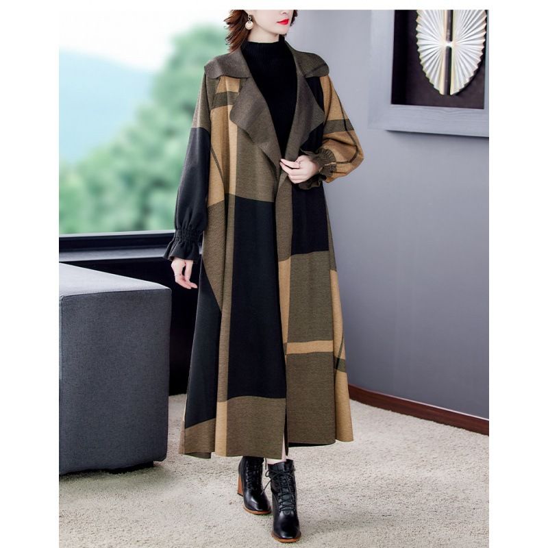  Women's Ethnic Style Large Size breakerLiterary Temperament Suit Collar Mid-Length Thin Plaid Woolen Jacket_voghion.com