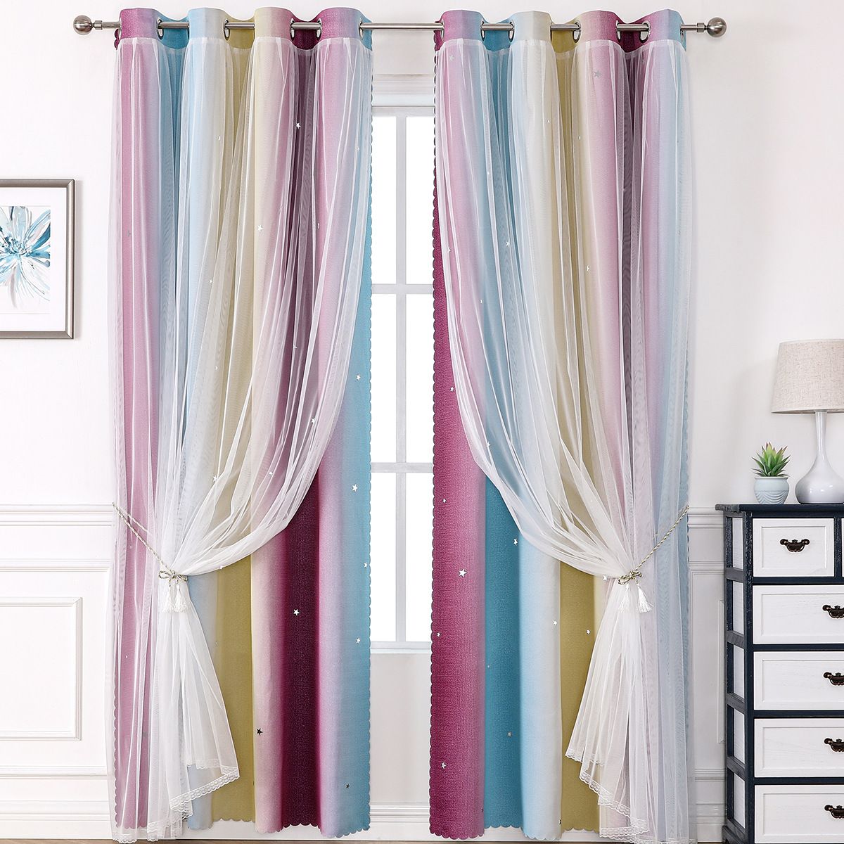 Morandi Double-Layer Curtains - Rainbow Gradient Sheer & Blackout Drapes With Striped Design Ready-Made Window Treatment_voghion.com