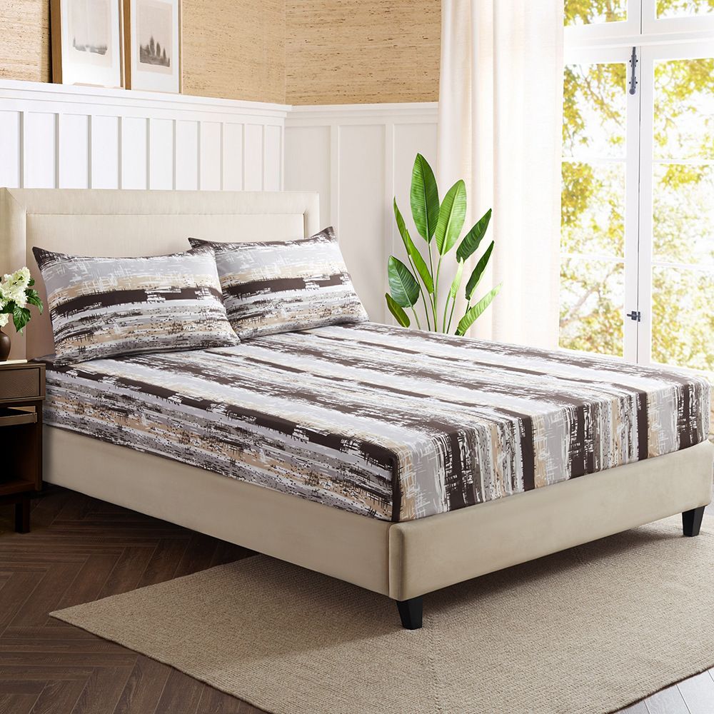 Spannbettlaken mit dunkler Holzmaserung und Streifenmuster – Bettbezug aus Polyester mit 3D-Struktur – Modernes, rustikales Bettwäscheset_voghion.com