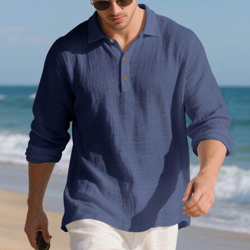 Men's Linen Blend Button-Up Polo Shirt – Breathable Long Sleeve, Relaxed Fit, Classic Solid Colors (S-XXXL, Casual & Everyday Wear)​_voghion.com