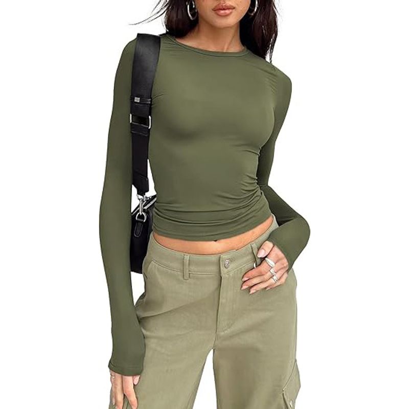 Bottoming Shirts For Women, Short Sleeved Slim Fitting Long Sleeved Basic Round Neck Tops, Slim Fitting Milk Silk Women's Clothing_voghion.com