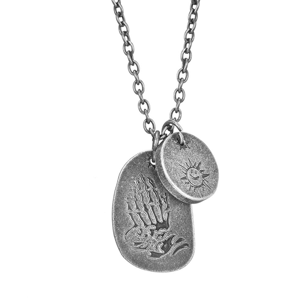Trendy brand lightning ghost hand double necklace retro old literary style praying hand sun pendant_voghion.com