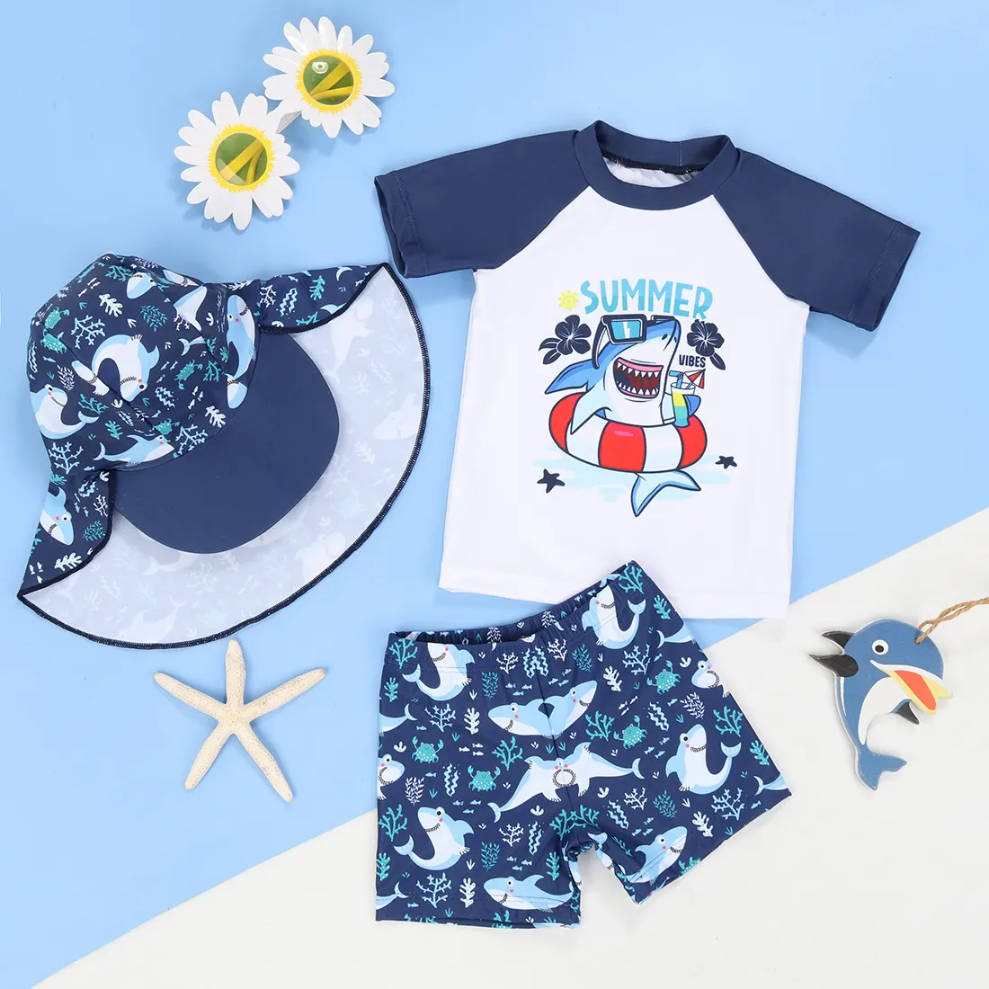 Maillot de bain pour enfant, maillot de bain pour garçon, manches courtes, boxer, col rond, chapeau de diable, crème solaire, imprimé dessin animé_voghion.com