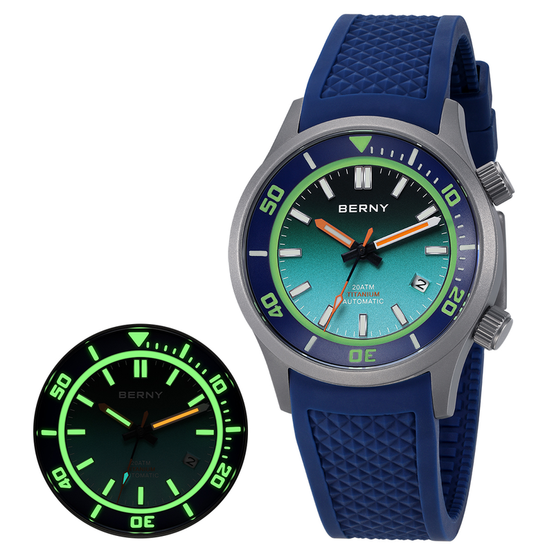 Orologi subacquei automatici BERNY da uomo, impermeabili fino a 20 ATM, in titanio, con data, cinturino in silicone super luminoso, vetro zaffiro, orologio meccanico analogico_voghion.com