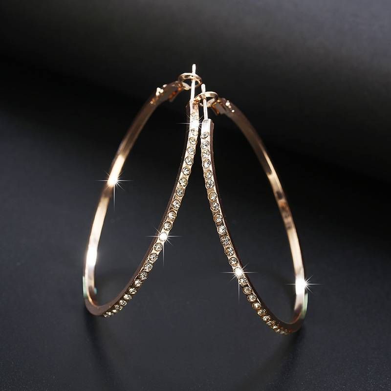 Fashion Hoop With Rhinestone Simple Big Circle Gold Color Loop Earrings For Women_voghion.com