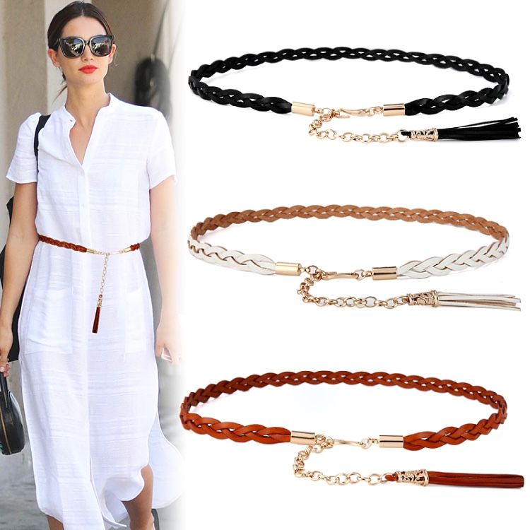 Strato superiore in pelle di vacchetta intrecciata sottile da donna, catena decorativa per abiti, cintura piccola semplice alla moda nera_voghion.com